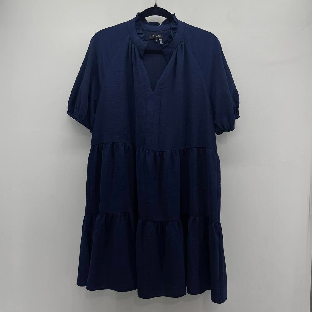 1 State Tiered Swing Dress Womens Large Dark Navy Blue Ruffles‎ Puff Sleeve